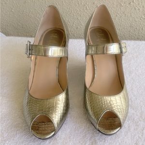 Cole Haan Metallic Mary Jane Peep Toe Wedges Platinum Size 8.5